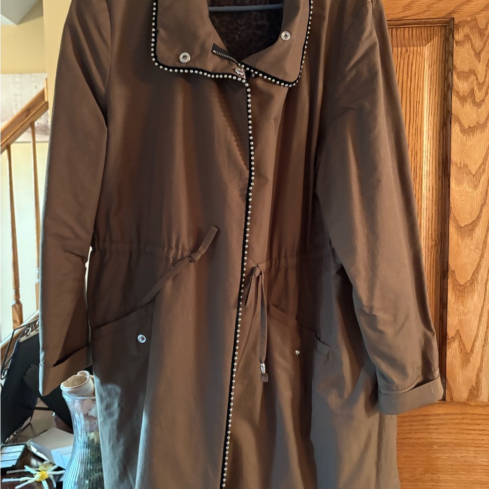 Jennifer Lopez Brown/Green Trench Coat with Beaded Trim